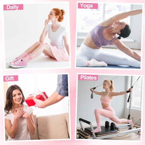 Non-Slip Pilates Grip Yoga Socks for Women - 6 Pairs, Pink & White with Bow