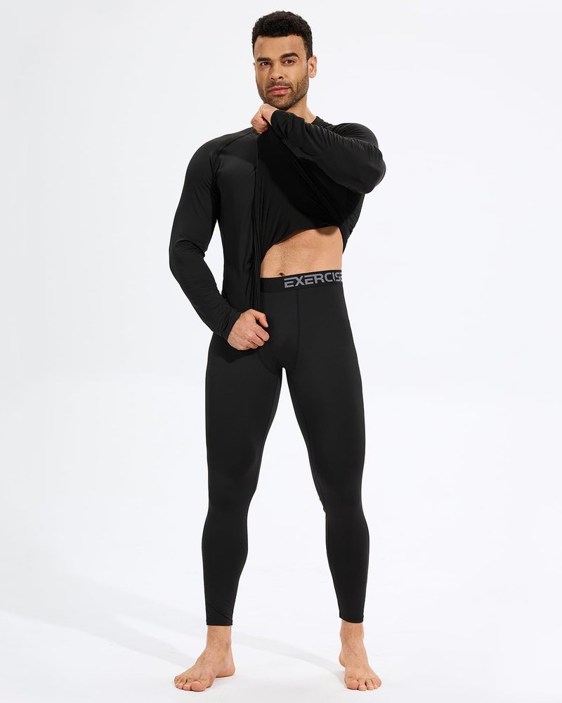 ATTIQOZI 2 Pack Thermal Underwear for Men Long Johns Fleece Lined Compression Pants Base Layer Cold Weather Top Bottom Black+Black(b) M