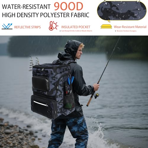 SKAITU Camo Fishing Backpack with Rod Holder, Cooler & 139 Lures, Large 50L Tackle Bag