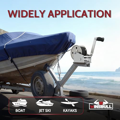 1600 Lb Boat Trailer Winch, 4:1 Gear, 26ft Polyester Strap, Hand Crank