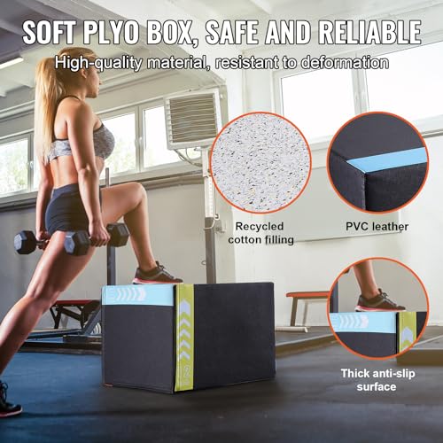 Plyometric Jump Box - 3 Adjustable Heights, 16"x14"x12" - Black