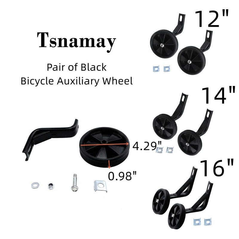 Tsnamay Pair of Black Bicycle Auxiliary Wheel Children's Bicycle Accessories For 14 Inch,Training Wheels
