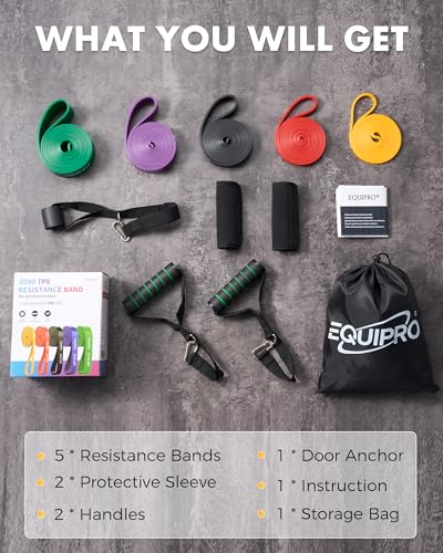 Equipro Resistance Bands Set with Handles, Door Anchor & Sleeve – 5 Bands for Home Workout