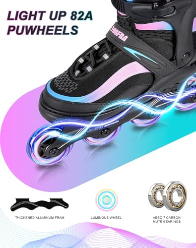JIFAR Adjustable Inline Skates with Light-Up Wheels, Pink/Blue, Small (US 12J-2) for Ages 3-8