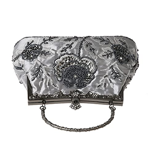 DA BODAN Grey Vintage Floral Beaded Rhinestone Clutch Bag for Bridal & Evening