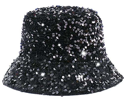 Shiny Glitter Sequin Bucket Hat for Women - Medium Black