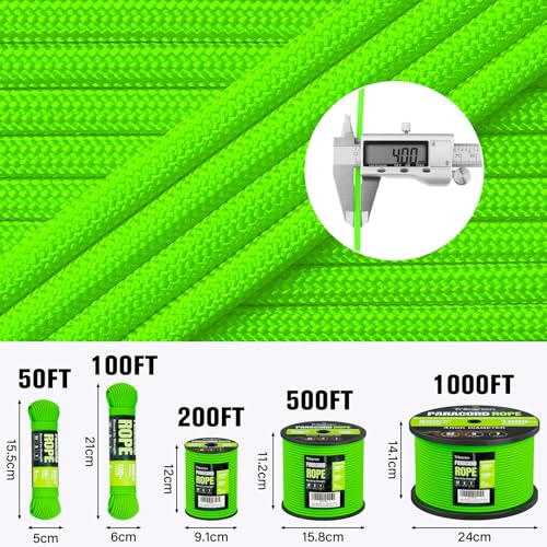 550 lb Paracord Rope - 100ft Neon Green Heavy Duty Cord