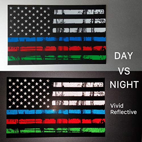 Reflective Tattered American Flag Decal Stickers - 3 Pack, Blue Red Green Line