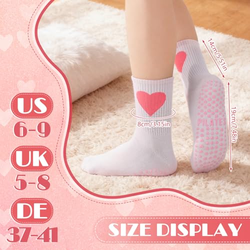 Non-Slip Pilates Grip Socks - Crew Length Cotton Stripe Bow - 6 Pairs