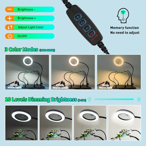 5X&10X Magnifying Glass with Light and Stand, Flexible Magnetic Helping Hand, Large Base & Clamp Magnifying Lamp, 3 Color Adjustable Arm Desk Magnifier with Light for Soldering Craft Hobby