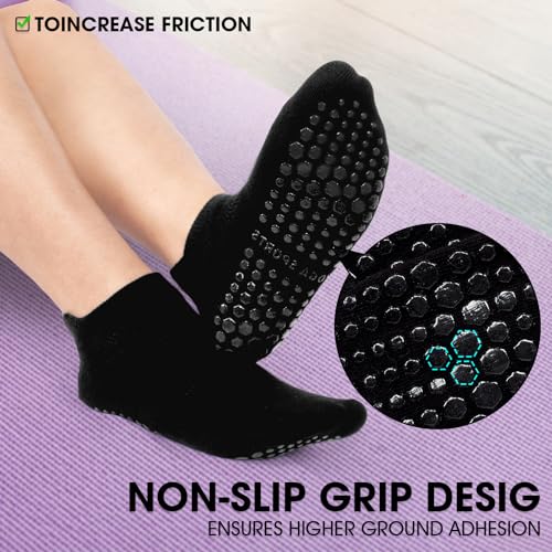Non-Slip Pilates Grip Socks for Women - Ankle Yoga Socks - 3 Pairs Black