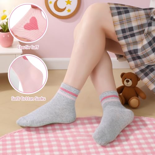 Girls' Cotton Socks - 4 Pairs Hearts Striped - 9-12 Years
