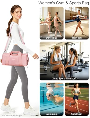 PHSYNI 16" Small Gym Bag for Women with Shoes Compartment, Pink, Waterproof Wet Pocket