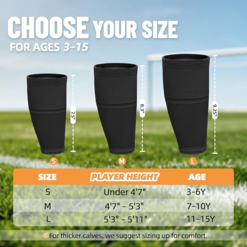 Shin Guard Sleeves 2 Pairs, Soccer for Kids & Youth Ages 3-15