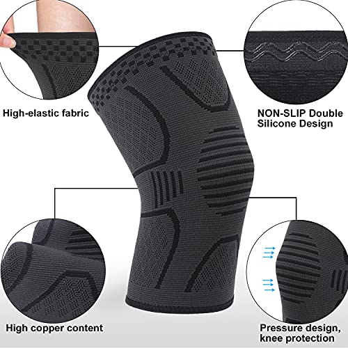Copper Knee Brace Compression Sleeve Support - 2 Pack Black & Dark Grey Medium