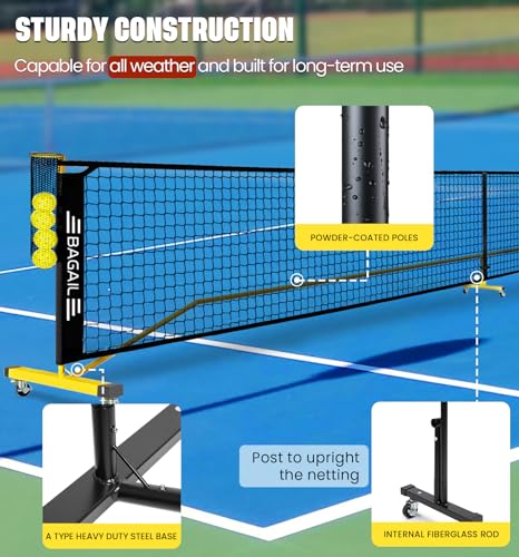 Portable Pickleball Net Set - 22FT/11FT with Ball Collector & Wheels - Yellow + Black