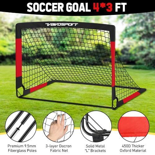 VAVOSPORT Black Red 4x3 ft Kids Soccer Goals - Portable Backyard Set with Ball & Accessories