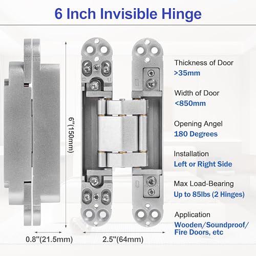 2Pcs 6 inch Hidden Door Hinges -Invisible Hinges for Doors, 180 Degree Swing Concealed Hinges, 3 Way Adjustable & Heavy Duty (?Silver)