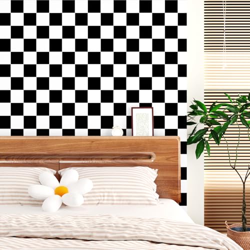 Wallercity Checkered Peel and Stick Wallpaper for Kitchen Countertops Waterproof Black and White Mosaic Contact Paper for Cabinets Tables Vinyl Self Adhesive Lattice Wallpapers for Walls 15.8''x78.7''