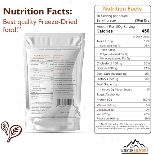 Mountain Essentials Freeze Dried Diced Beef - Fully Cooked, High Protein, 240g, Ready-to-Eat Meal Prep