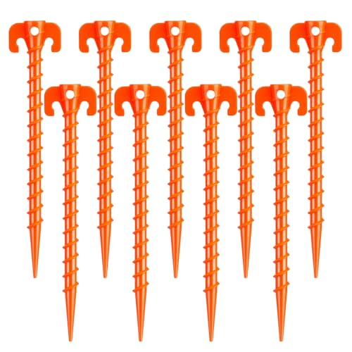 Hikemax 15 Pack Orange Plastic Spiral Tent Stakes, 10 Inch Ground Anchors