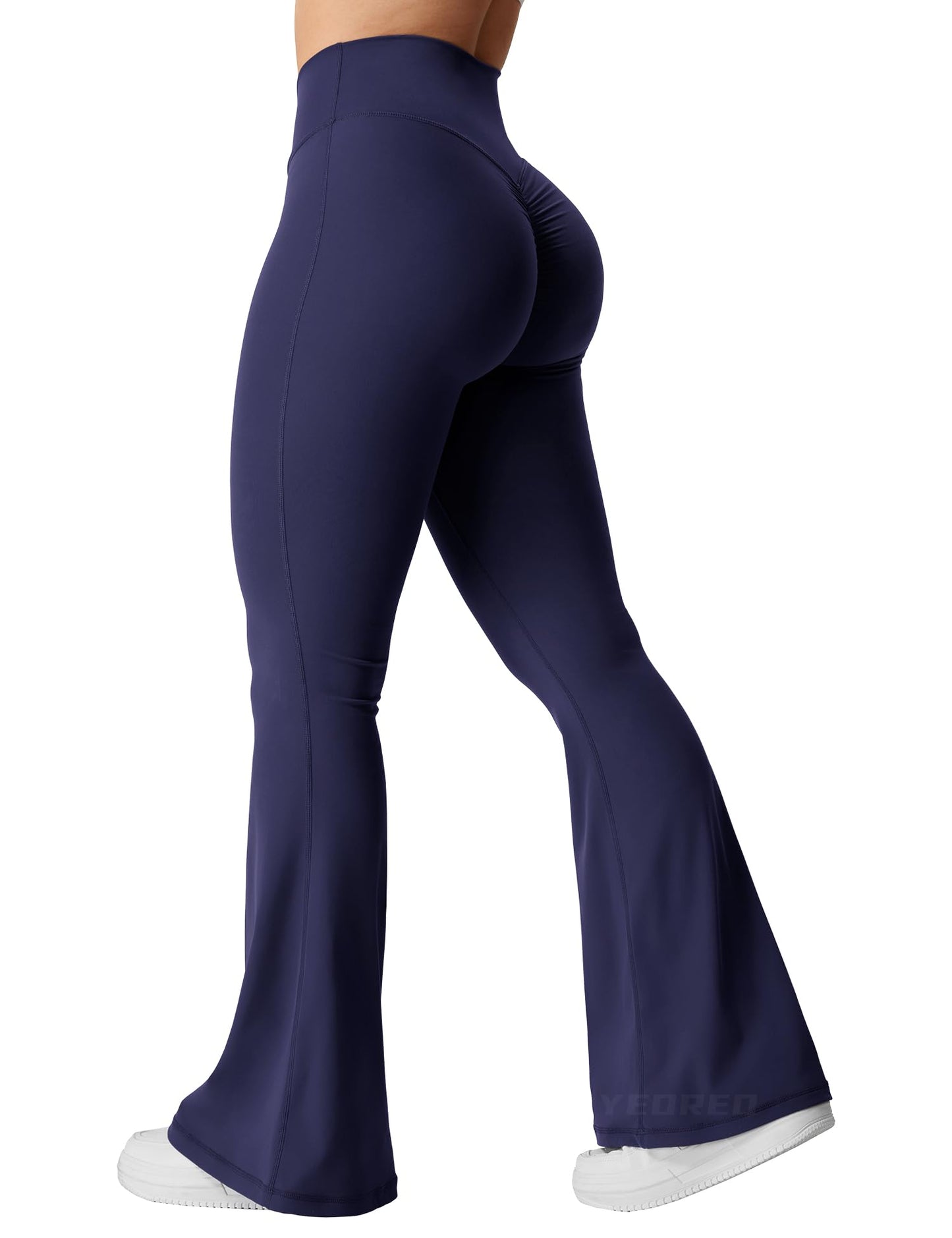 YEOREO Kalie Flare Scrunch Leggings for Women V Cross Waist Bell Bottom Yoga Pants Tummy Control Bootcut Workout Leggings Navy M