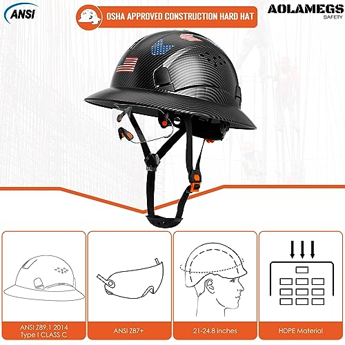 Carbon Fiber Pattern Full Brim Hard Hat with Visor-OSHA Approved Construction Safety Helmet for Men Women,ANSI Z89.1 Vented Reflective Hardhat with Hard Hat Chin Strap,6-Point Suspension