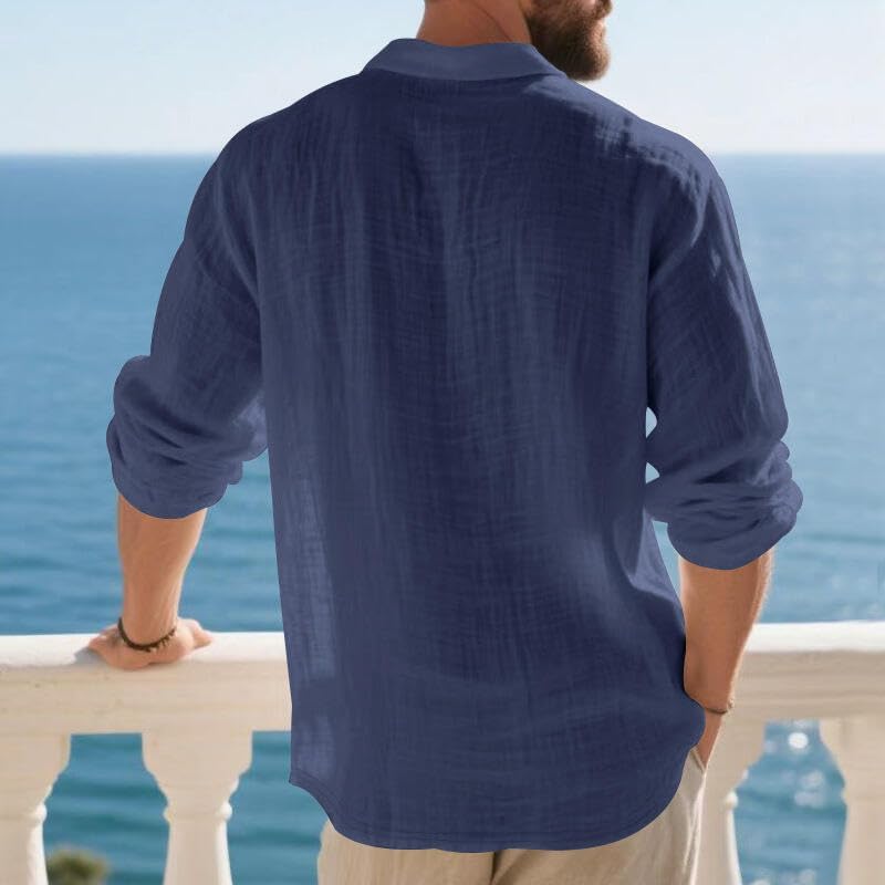 Skiennix Casual Linen Blend Shirt - Men's Long Sleeve Solid White for Spring & Autumn Wear