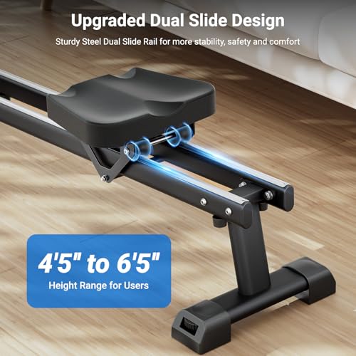 Magnetic Rowing Machine for Home Gym - 350 LBS Capacity, Dual Slide Rail, 16 Levels Resistance, App Supported - Orange Black