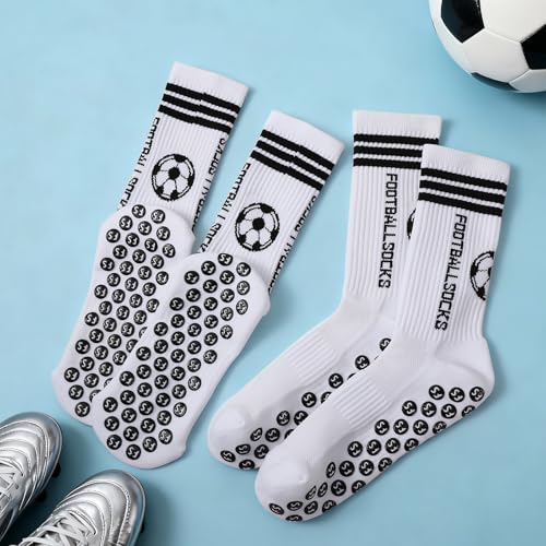 Anti-Slip Athletic Soccer Socks - 3 Pairs, Grip Pads - White, Size 5-8