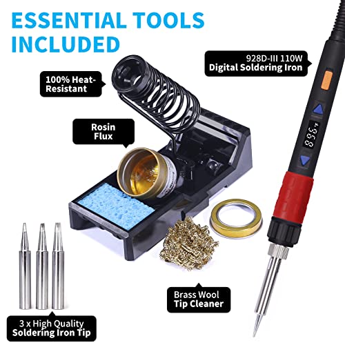 YIHUA 928D-III Soldering Iron,110W High Power, Fully Digital Display ¡ÆF /¡ÆC- Temperature Control Soldering Tool, Accurate 194~896¡ÆF, with ON/OFF Switch, Iron Tip, Brass Wool, Automatic Sleep Mode