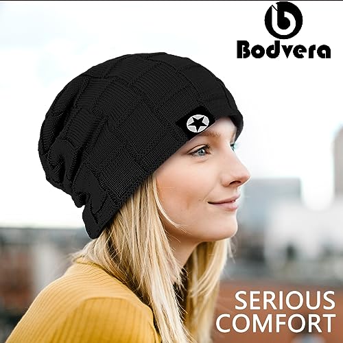 Winter Knit Slouchy Beanie Hat - Thick Soft Stretch Skully Cap - Black