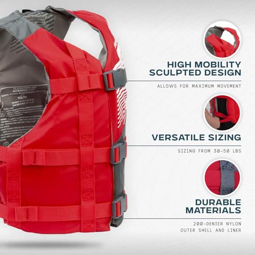 Youth Life Jacket - Coast Guard Approved, Adjustable PFD for 75-125 lbs - Red/Gray