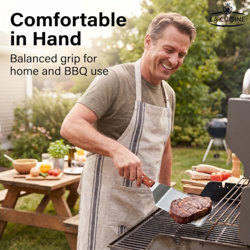 La Cuisine Extra-Wide Stainless Steel Spatula 5x6" with Wooden Handle for BBQ & Griddling
