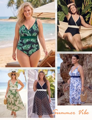 Plus Size Women's One-Piece Swimsuit with Cover Up Skirt - XX-Large Black Dot