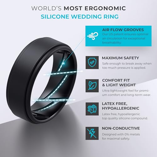 Silicone Wedding Rings for Men - Breathable Charcoal Black, Stone Grey, Graphite Grey, Shadow Blue, Iron Grey, Eclip