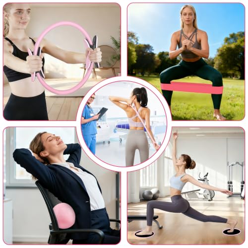 Pilates Kit for Women - 17 PCS Set with Ring, Ball & Bands - Pink