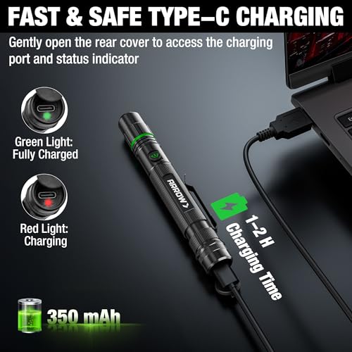 Arrow Rechargeable Compact LED Flashlight 200 Lumens, 3 Modes, USB-C Portable