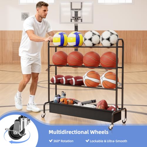 MWQ 4-Tier Basketball Rack Rolling Storage Cart for Basketballs, Footballs & Soccer - Indoor/Outdoor