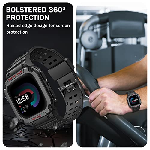 FINTIE Black Rugged Watch Band with Case Compatible with Fitbit Versa & Sense Series