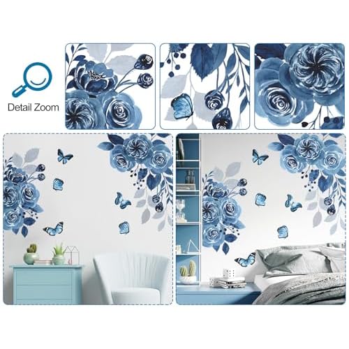 Flower Wall Decals - Blue Peony, Butterfly Rose, Floral Peel and Stick Removable Vinyl Decor for Girls Bedroom, Living Room, Kids Room