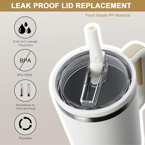 40oz Flip Straw Lid Replacement - 2 Pack, Leak-Proof for Stanley - White