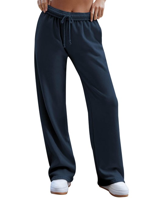 HeSaYep Women's Baggy Wide Leg Sweatpants Straight Leg Trousers Drawstring Elastic Waist Low Rise Active Sweat Pants Navy Blue M