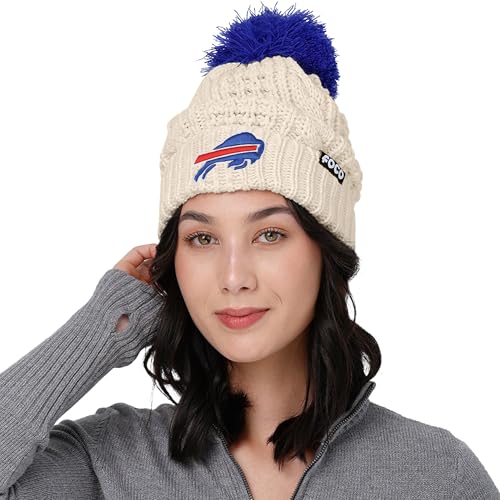 Buffalo Bills Cable Knit Pom Beanie Hat - One Size - White