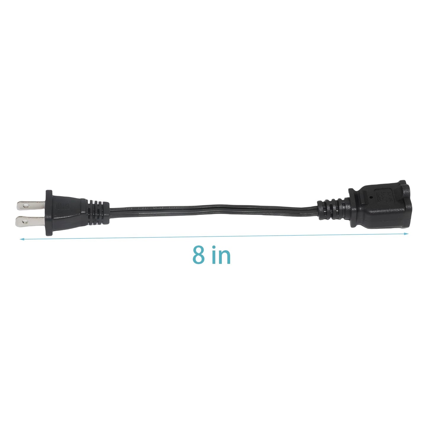 Short Extension Cord, 2 Prong 8-Inch Small Extension Cord Outlet Saver, 18AWG Power Cord Cable for Indoor, NEMA 5-15P to NEMA 5-15R, 2 Pack, Black