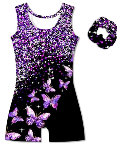 Girl Gymnastic Leotards with Hair Scrunchie - 7-8 Years Black Purple