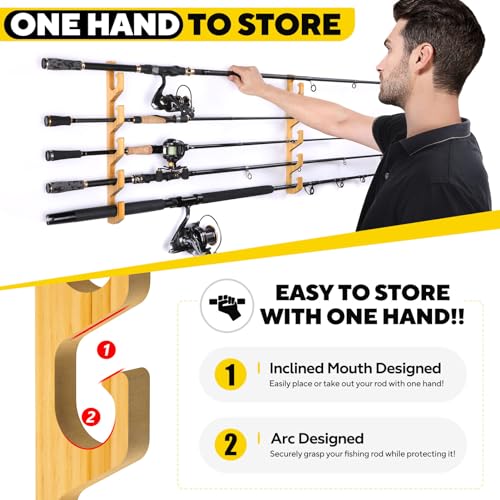 PLUSINNO 5-Rod Wall & Ceiling Mount Fishing Rod Holder | Poles Storage Rack, 1 Pack