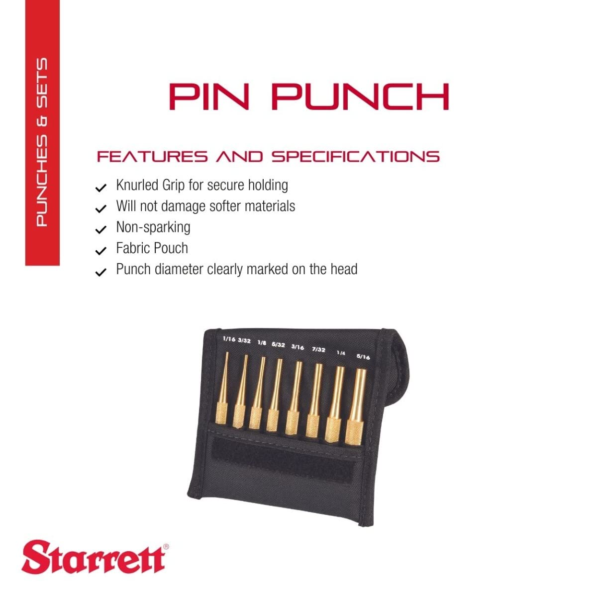 Starrett Brass Drive Pin Punch Set with Knurled Grip in Protective Fabric Pouch - 4" Length, 1/16", 3/32", 1/8", 5/32", 3/16", 7/32", 1/4", 5/16" Punch Diameter - SB565Z