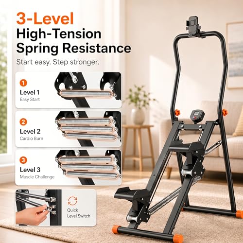 Stair Stepper for Home - 3-Level Resistance, Foldable, Black & Orange