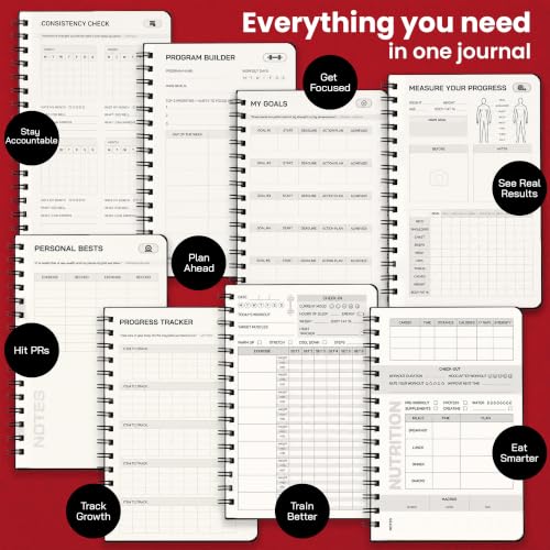 Prazoli 7-in-1 Workout Journal for Men - Red | All-in-One Fitness Log, Nutrition & Goals Tracker